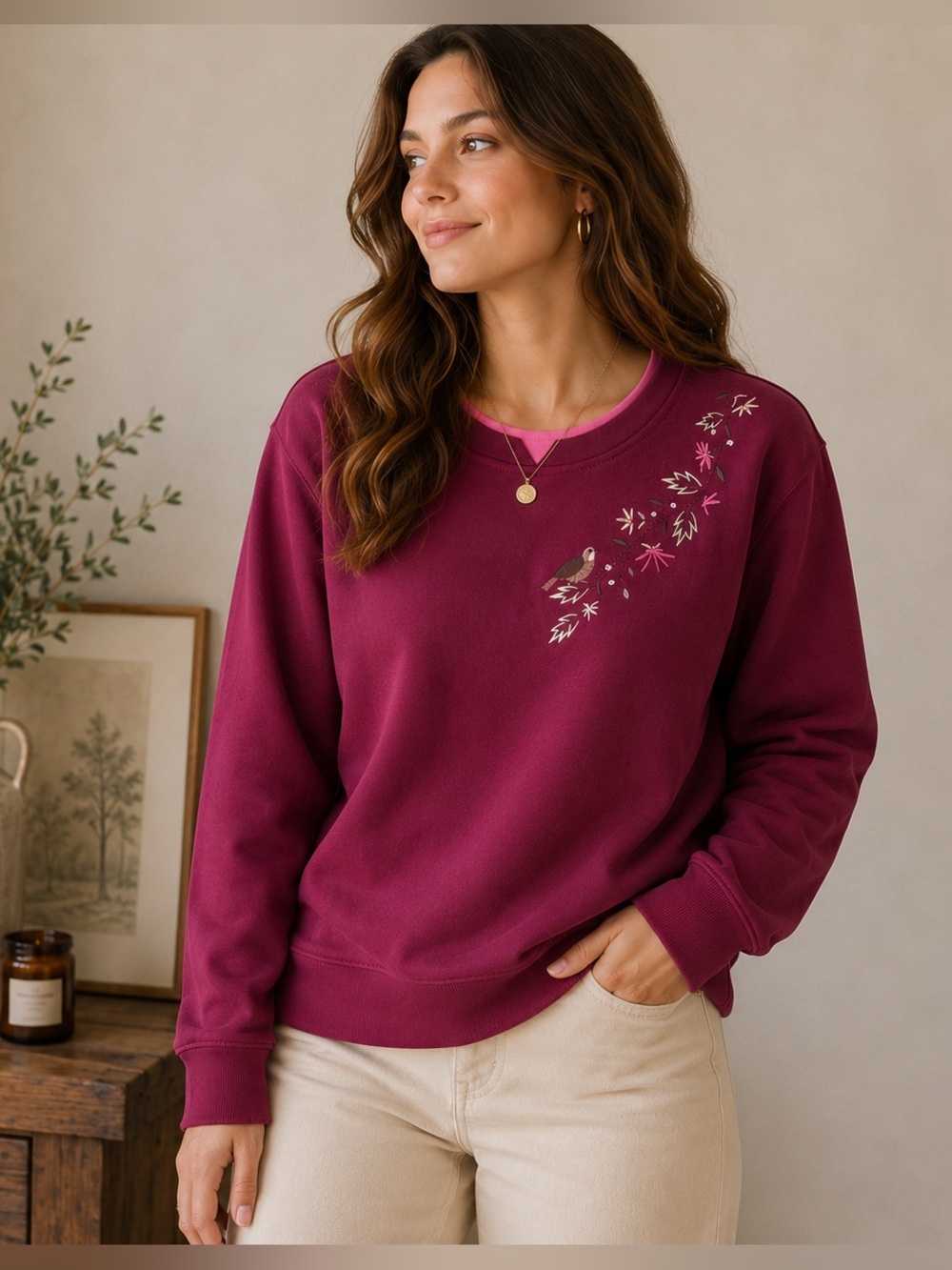Northern Reflections Bird Embroidered Fleece Sweatshirt Cottagecore Berry Pink L